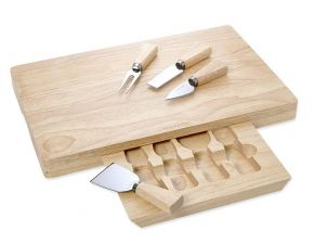Large Rectangular Hevea Cheese Board with Integrated Drawer & 4 Cheese Knives