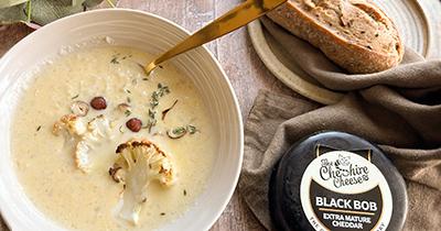 Roasted Cauliflower Cheese Soup featuring our Black Bob Extra Mature Cheddar